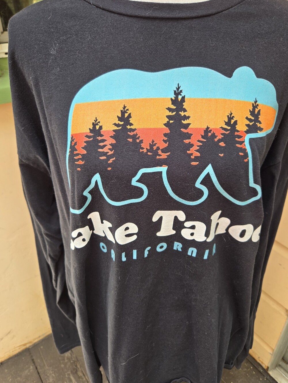 Lake Tahoe Black Graphic Bear Long Sleeve Shirt with Sunset Trees 2 XL